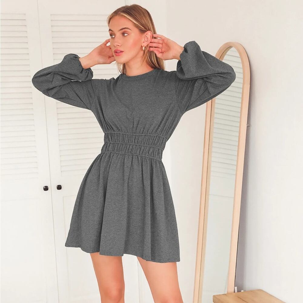 Lulus Fashion Win Charcoal Grey Long Balloon Sleeve‎ Pullover Mini Dress Sz M